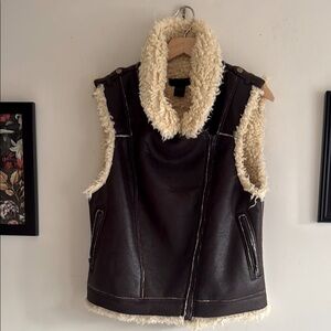 Steve Madden Dk Brown Faux Leather Cream Zipper Moto Shearling Vest Women Med/Lg